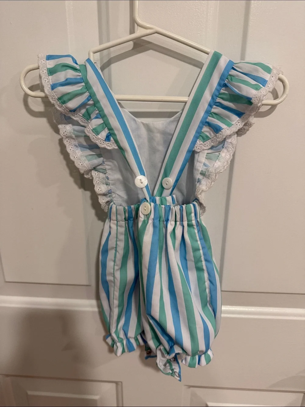 Striped Blue & Green Ruffle-Sleeve Baby One-Piece